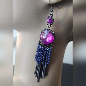 Blue and Purple Earrings with Chain Fringe